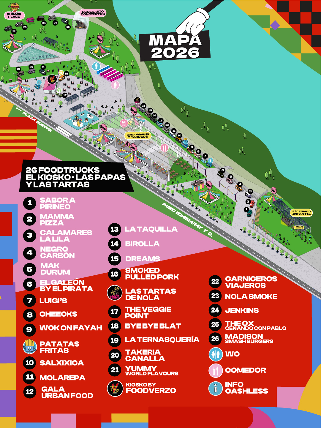 Mapa de Las Foodtrucks 2026 en el Parque San Pablo con la ubicación numerada de cada foodtruck, los aseos, el comedor y los puntos cashless